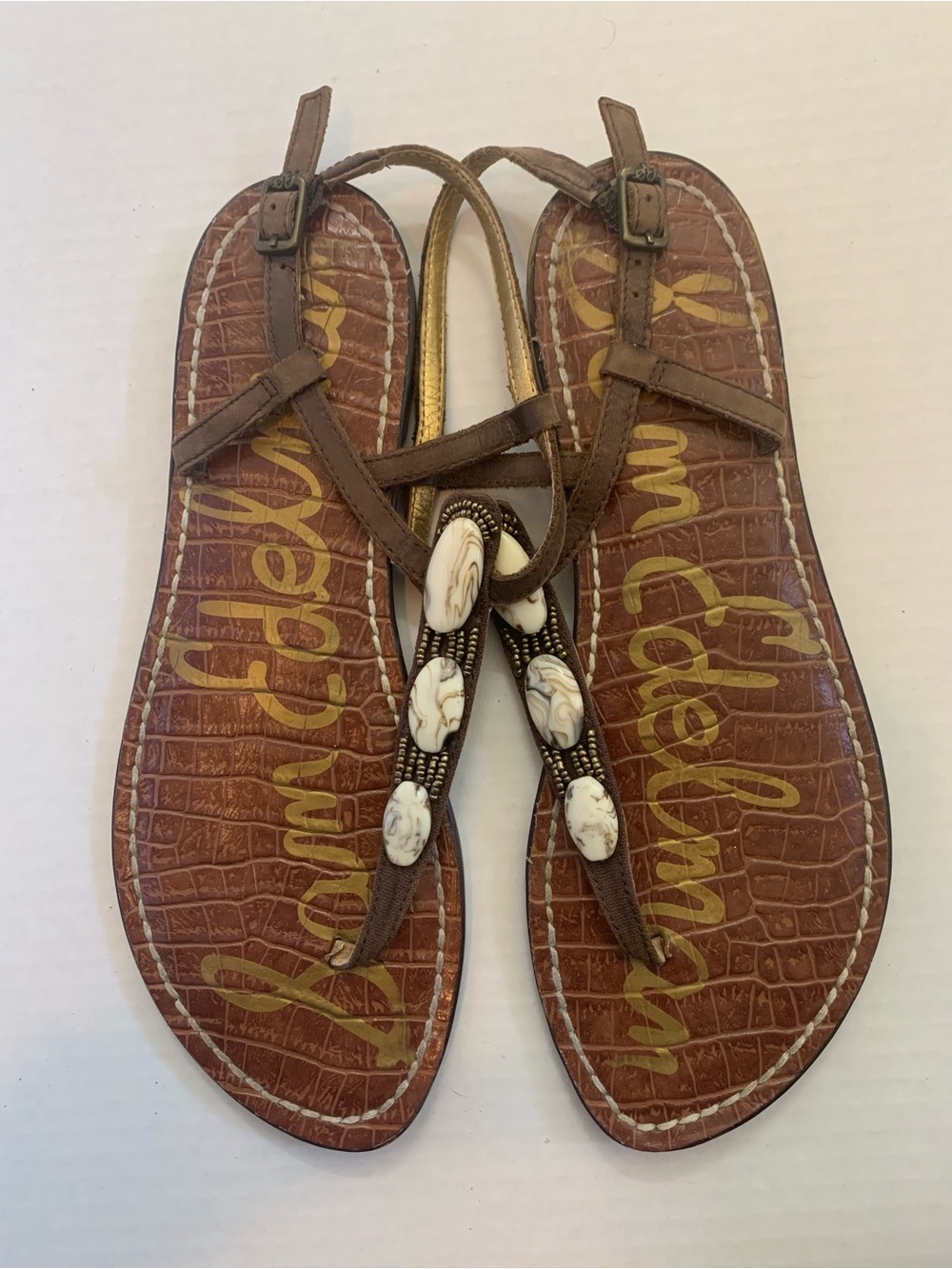 Sam Edelman Brown Beaded T-Strap Sandal With Shells